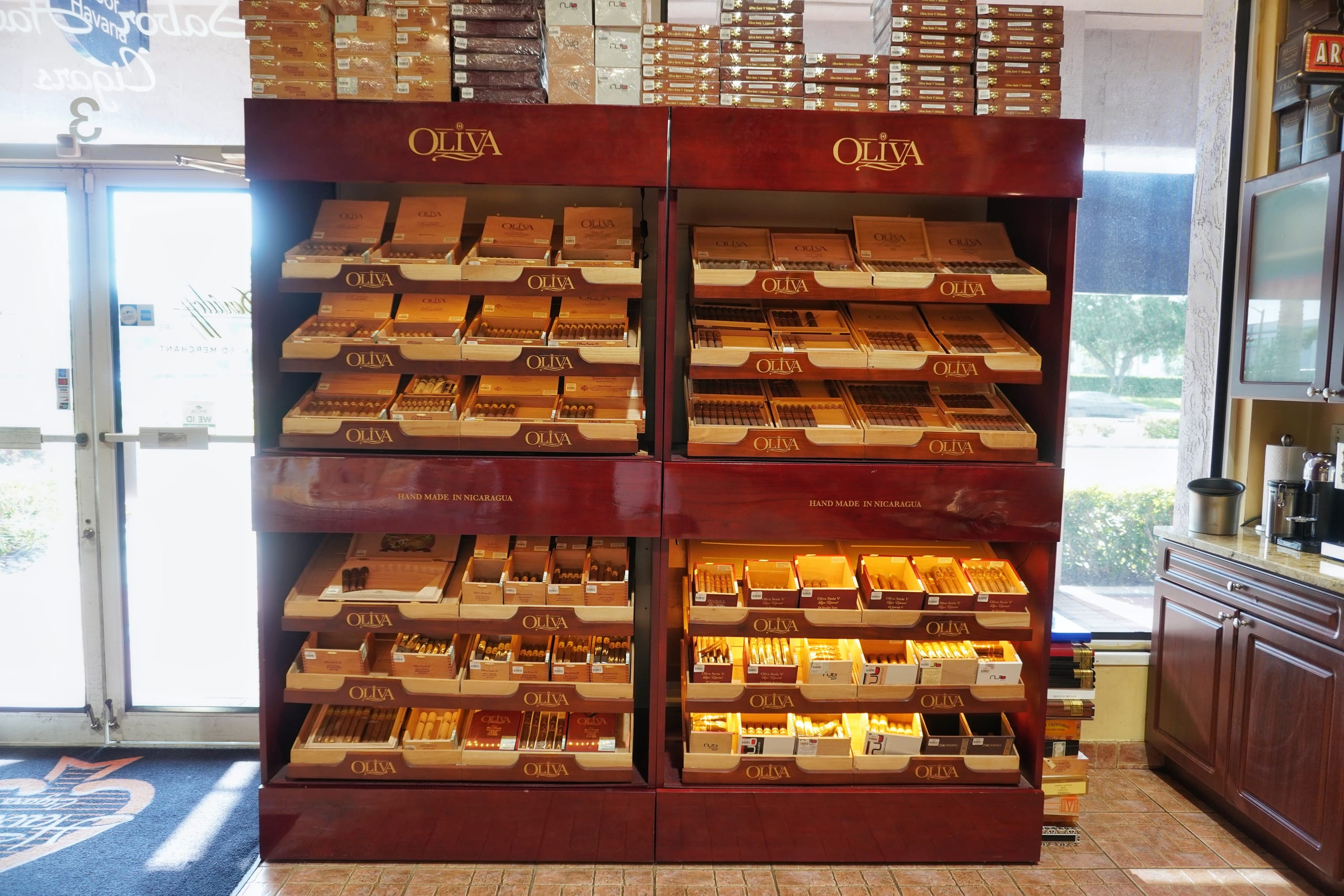 Oliva cigar display cabinet at Sabor Havana in Doral, Miami